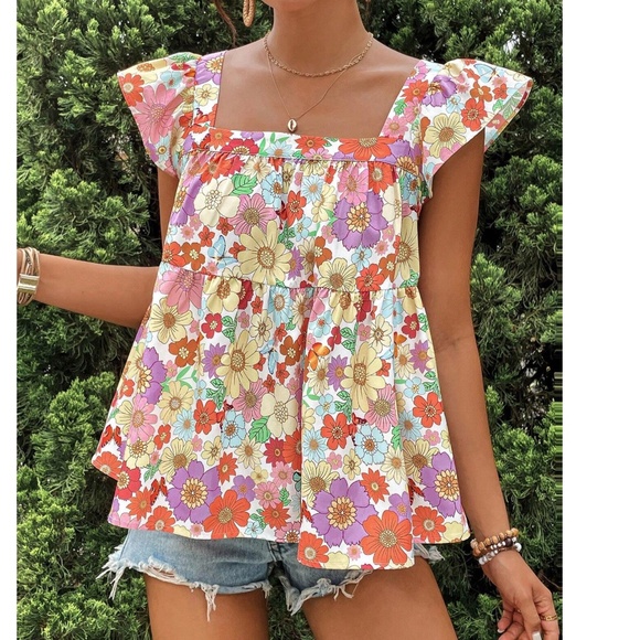 Boho Floral Print Ruffle Cap Sleeve Flowy Blouse - Picture 1 of 4